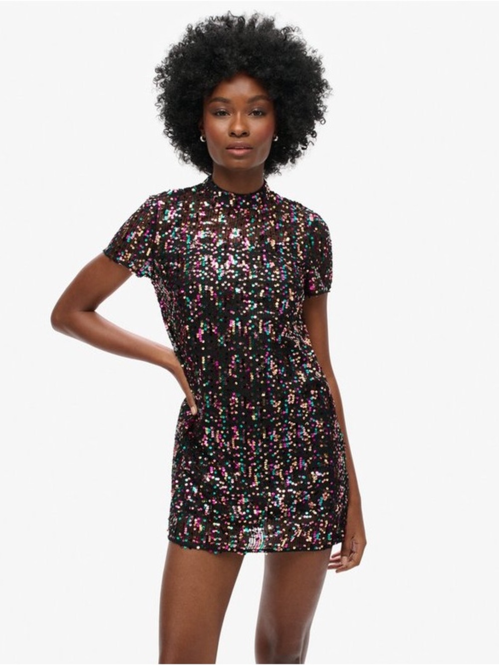NEW White Icy Multicolour Sequin Mini Short Sleeve Dress Size S (CN L )